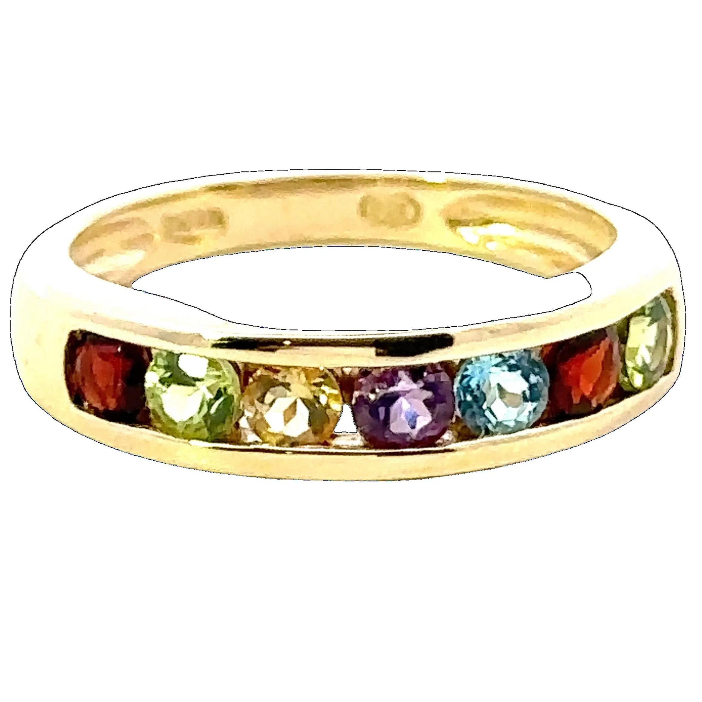 9ct Yellow Gold 7 stone Peridot / Citrine / Amethyst / Topaz & Garnet Ring