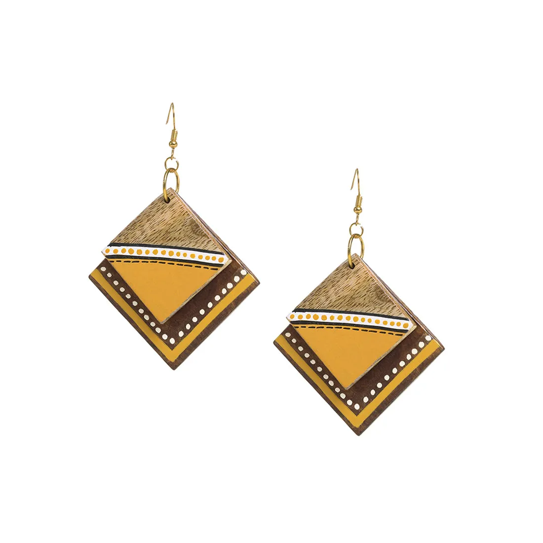 'Abstract Square Pair' Bohemian Earrings Hand-painted In Triangular & Dotted Pattern (Sheesham Wood)
