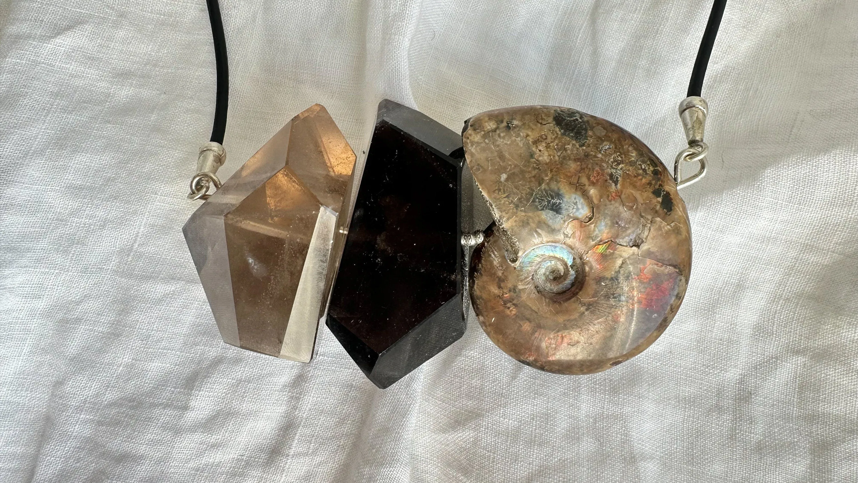 Ammonite and Smoky Quartz Necklace. Sterling Silver & Leather. 0625