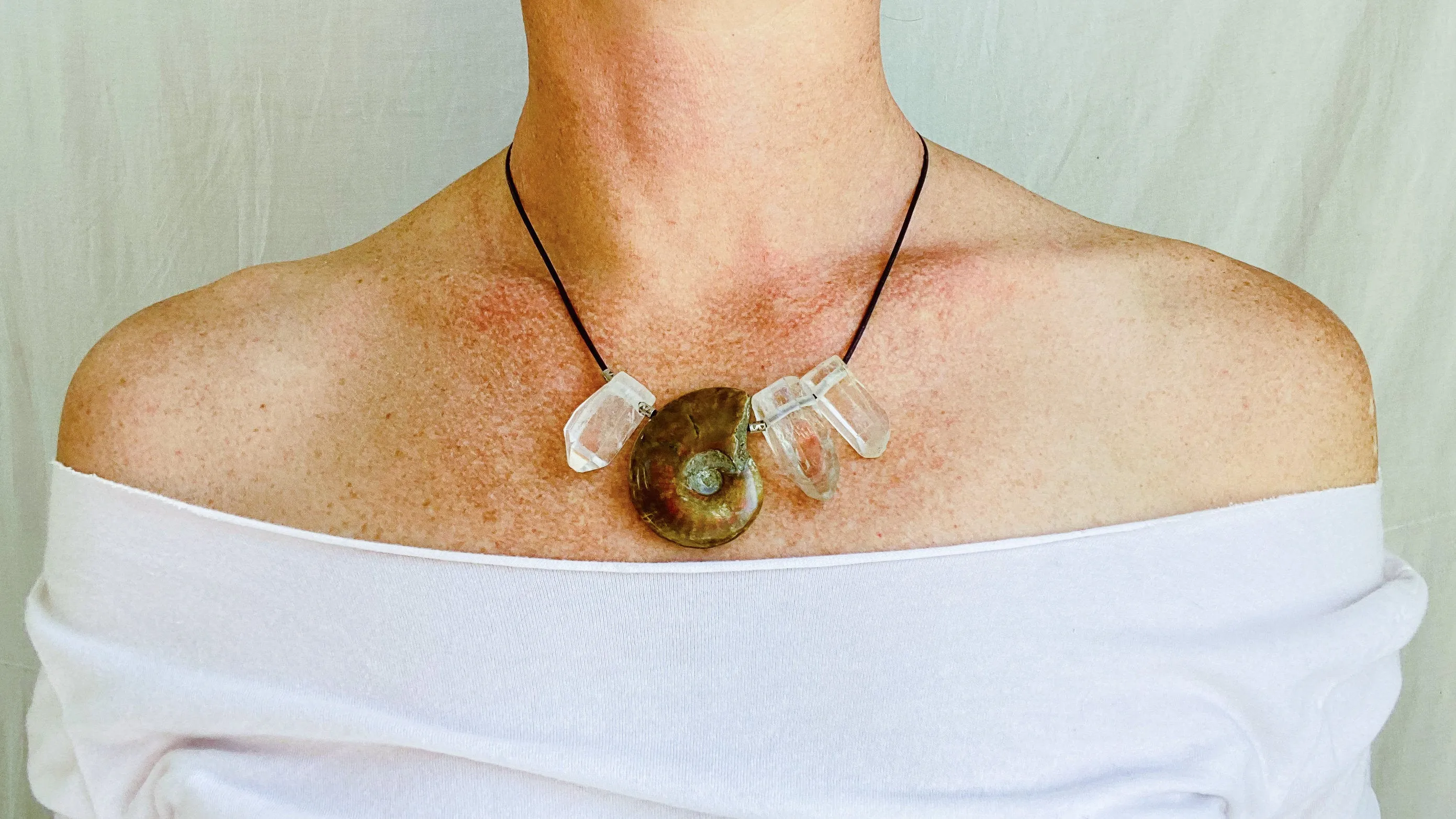 Ammonite, Crystal and Silver Pendant Necklace. 0390