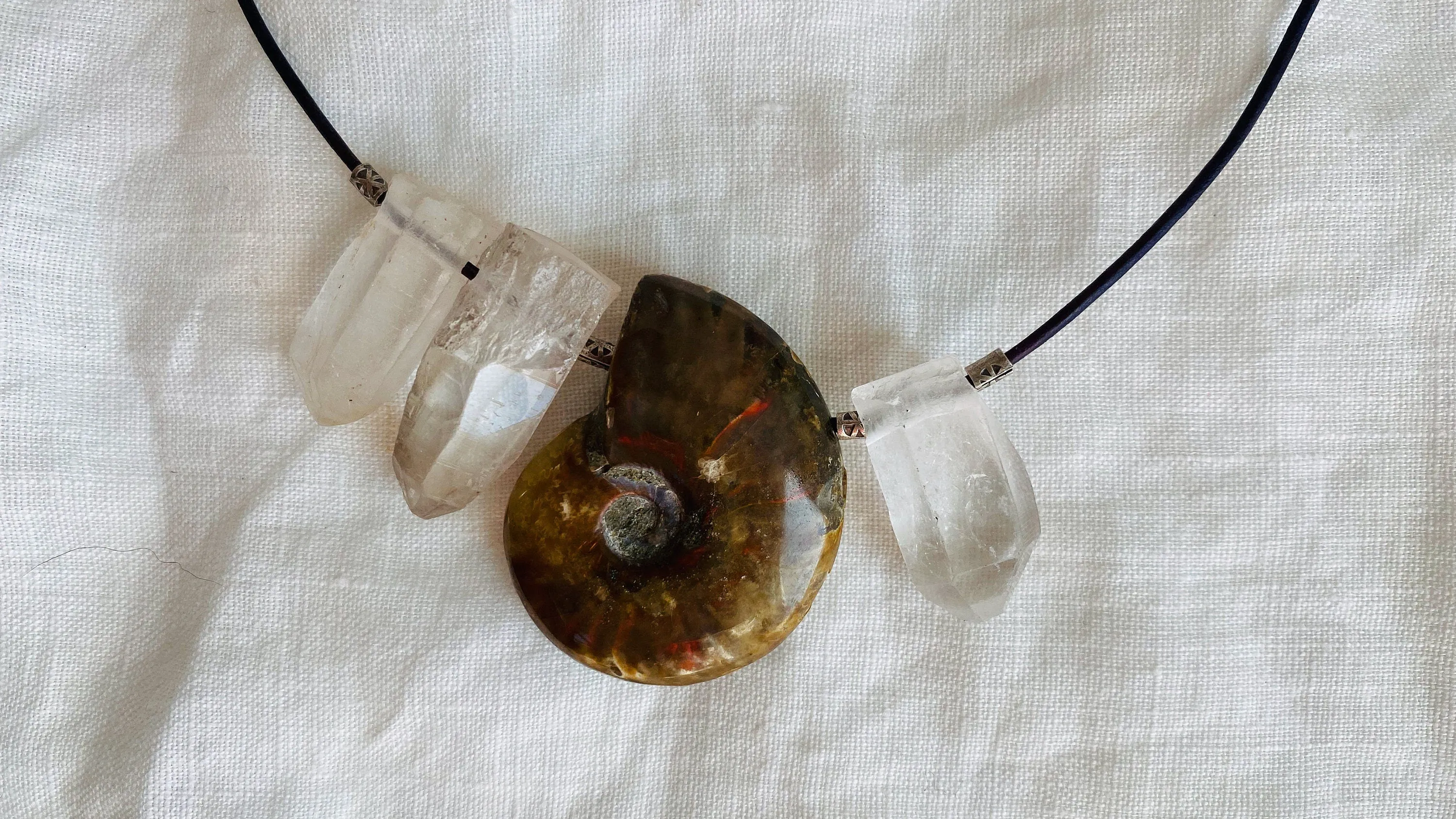 Ammonite, Crystal and Silver Pendant Necklace. 0390