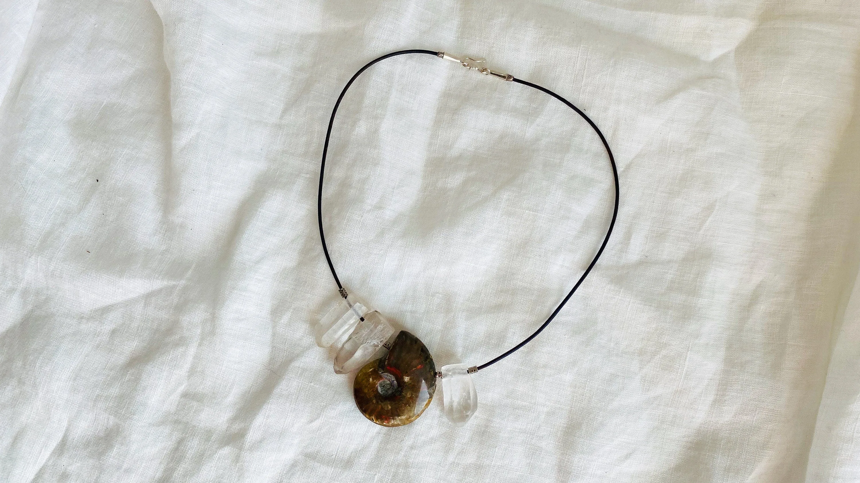 Ammonite, Crystal and Silver Pendant Necklace. 0390