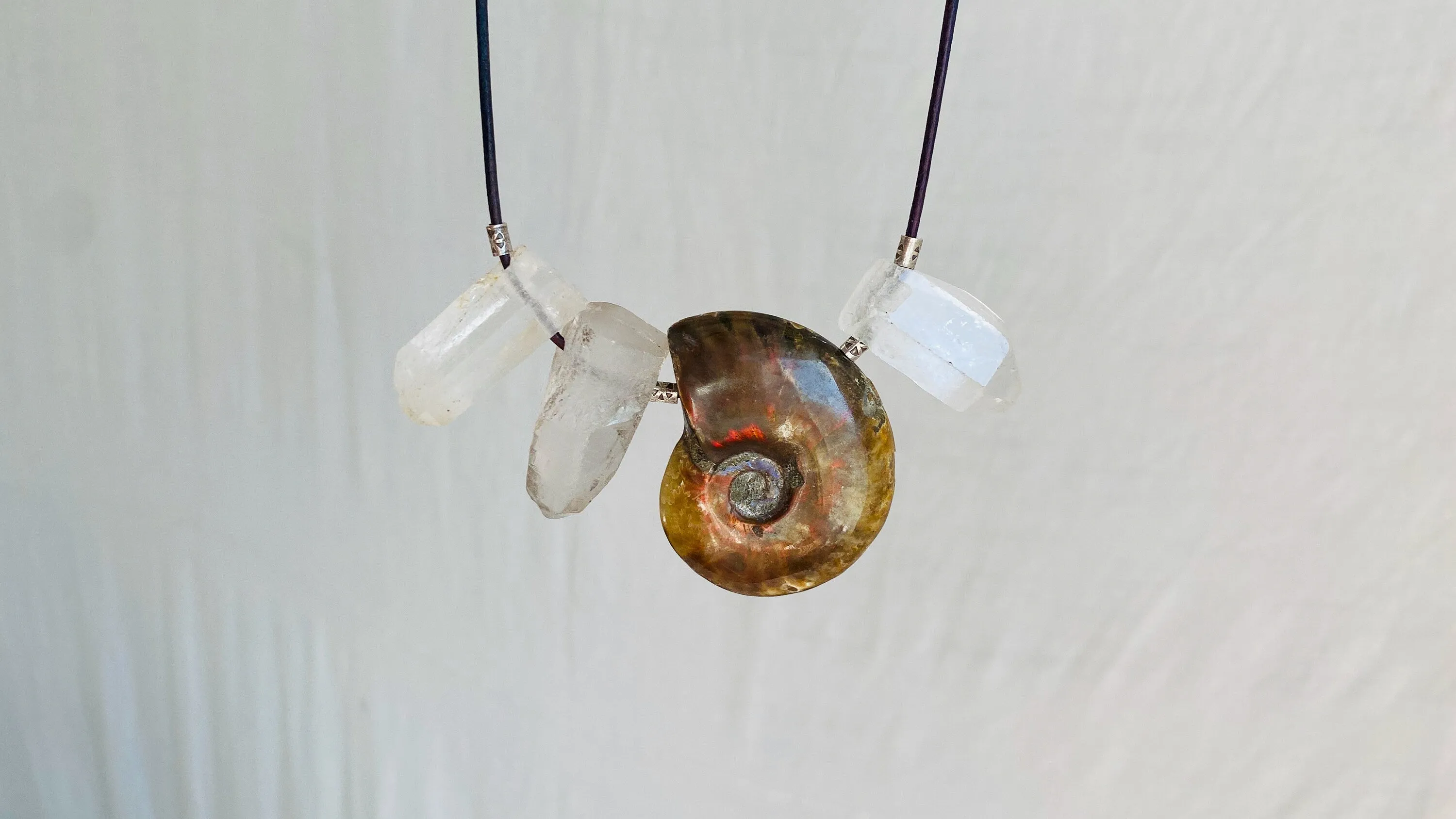Ammonite, Crystal and Silver Pendant Necklace. 0390