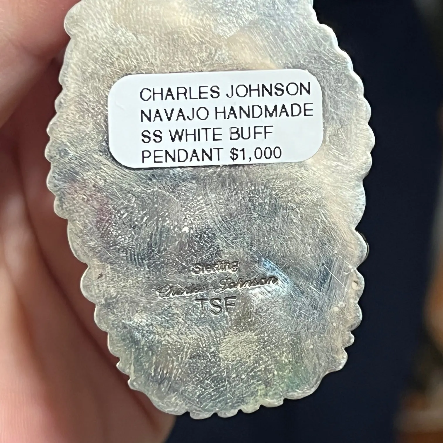 Artist - Charles Johnson Navajo Handmade White Buffalo Pendant Stamped and Signed