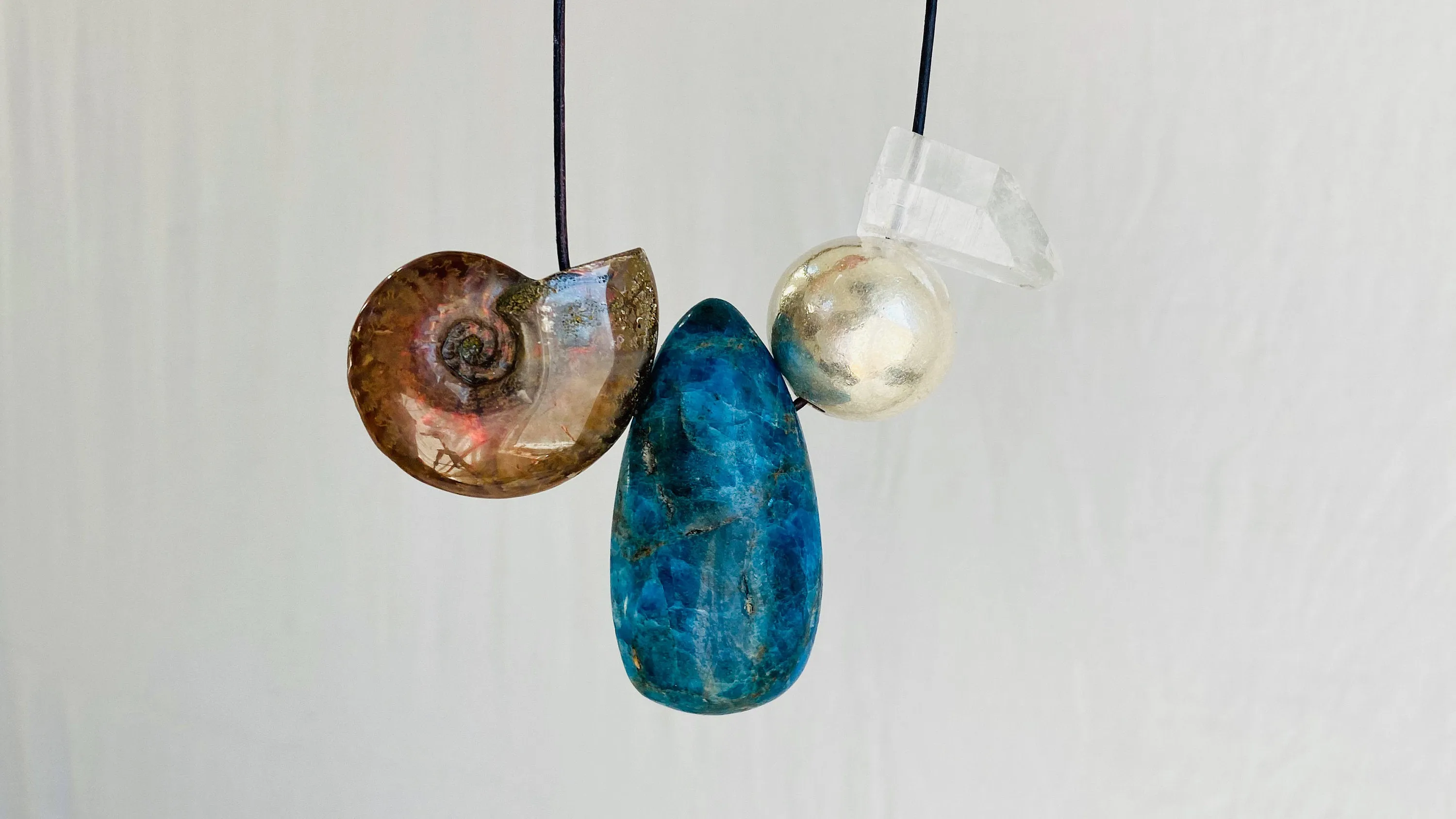 Blue Apatite, Ammonite, Crystal and Silver Pendant Necklace.