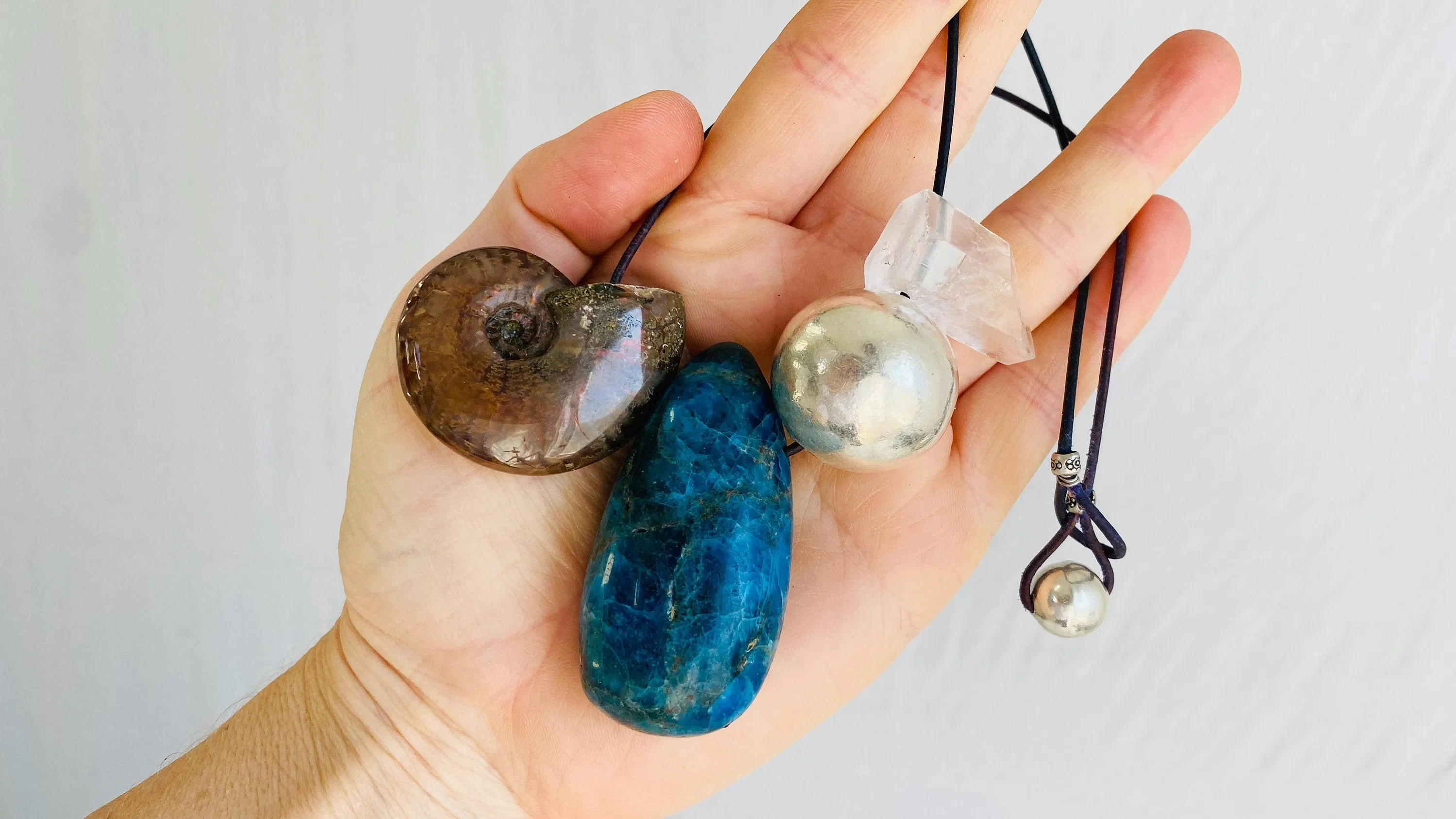 Blue Apatite, Ammonite, Crystal and Silver Pendant Necklace.