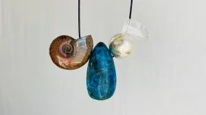 Blue Apatite, Ammonite, Crystal and Silver Pendant Necklace.
