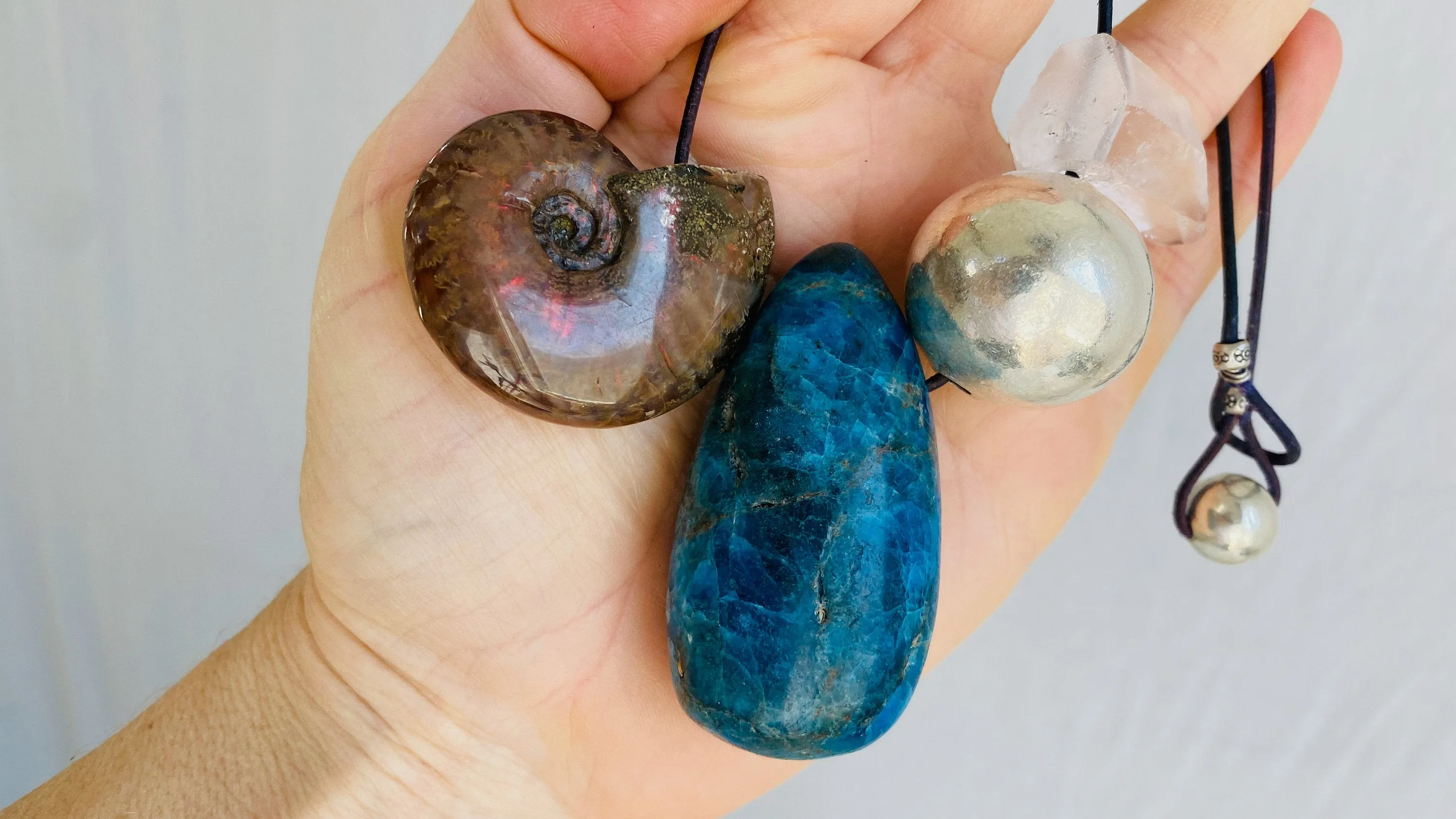 Blue Apatite, Ammonite, Crystal and Silver Pendant Necklace.