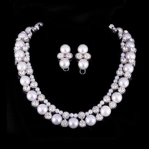 Bridal Wedding Jewelry Crystal Rhinestone Elegant Faux Pearl Necklace J543 White