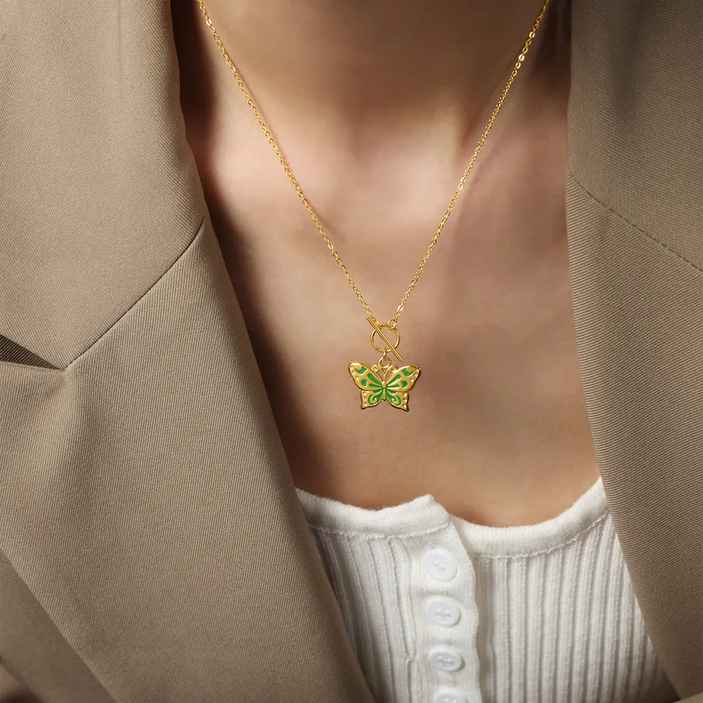 Butterfly Oil Drip Pendant Necklace in Titanium Steel with Gold Plating
