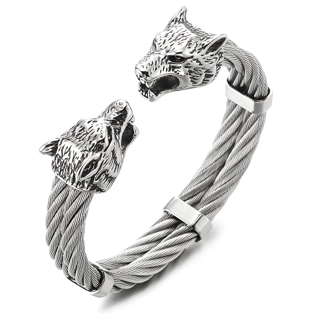 COOLSTEELANDBEYOND Mens Wolf Head Bracelet Steel Braided Cable Bangle Cuff Bracelet Polished, Adjustable