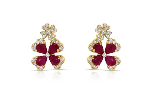 Earrings 18kt Yellow Gold Two Flowers Rubies & Diamonds