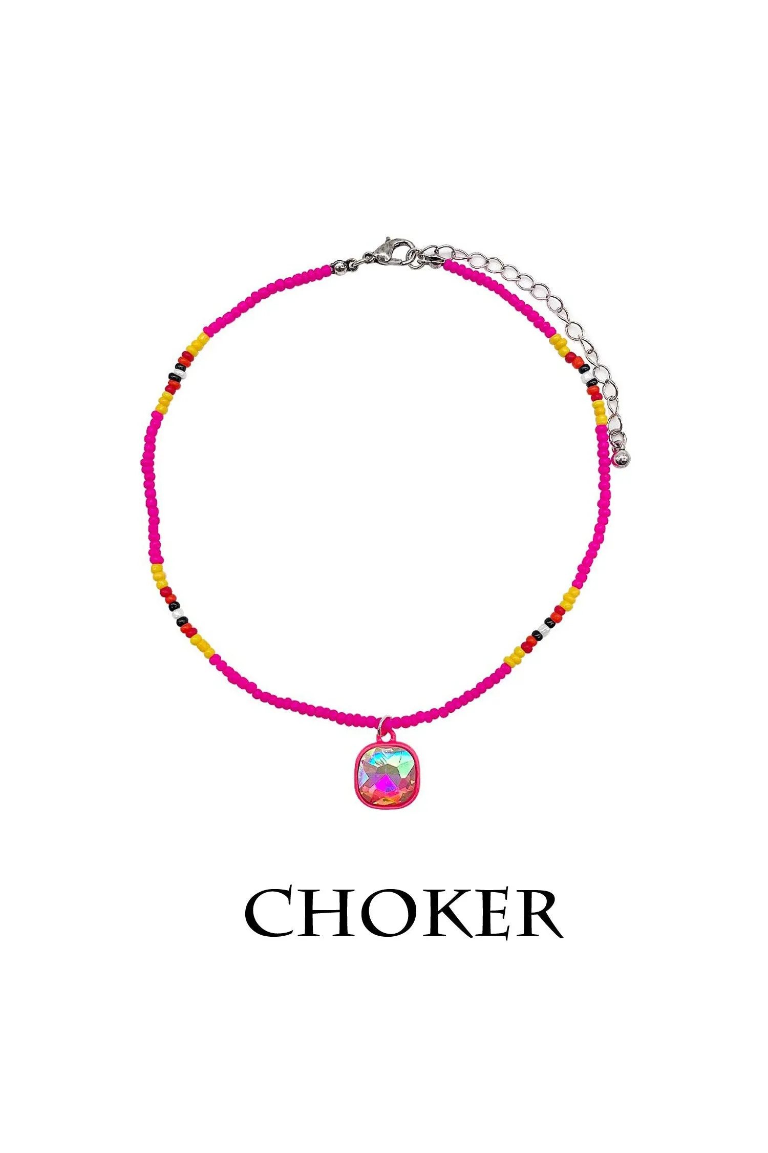 Hot Pink Seed Bead Glass Stone Pendant Choker
