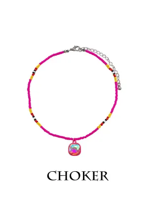 Hot Pink Seed Bead Glass Stone Pendant Choker