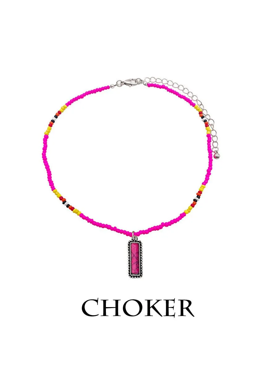 Hot Pink Semi Genuine Stone Pendant With Multi Colored Seed Bead Choker Necklace.