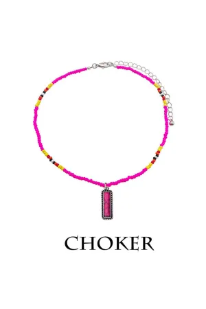 Hot Pink Semi Genuine Stone Pendant With Multi Colored Seed Bead Choker Necklace.