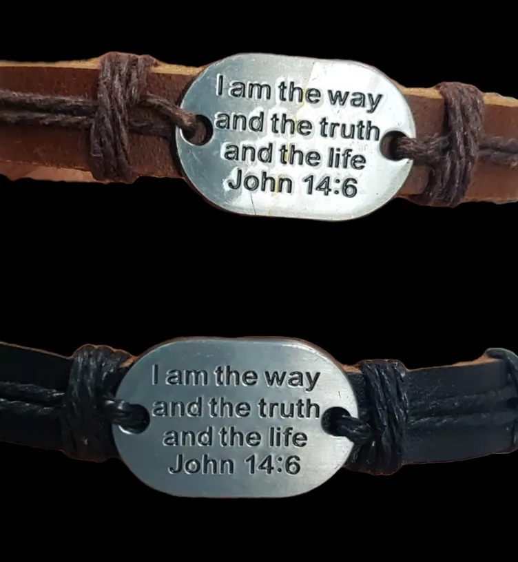 Leather bracelet with metal plate bible verse