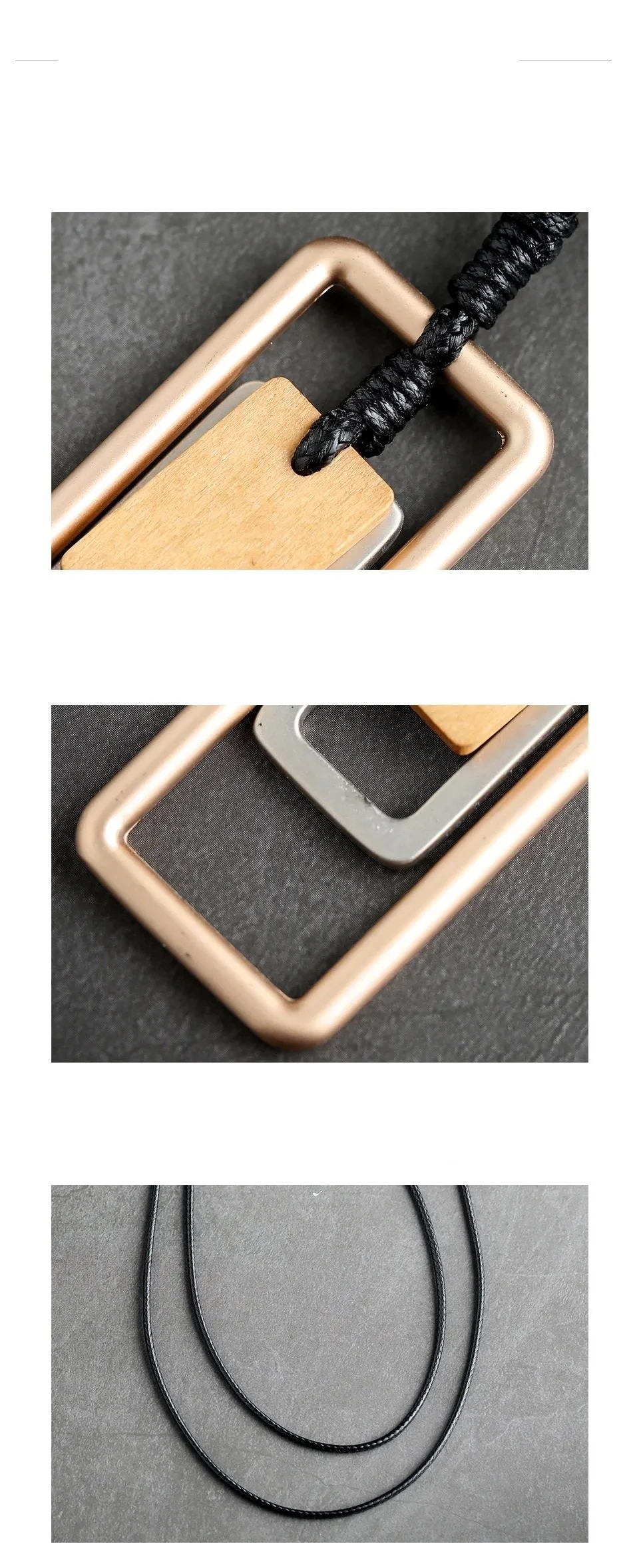 Long Necklace Metal & Wood Geometric Rect. Pendant on Black Leather Cord Rose Gold/Brown Wood