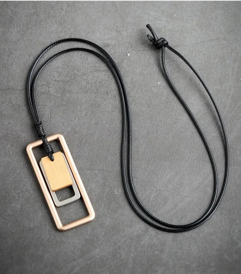 Long Necklace Metal & Wood Geometric Rect. Pendant on Black Leather Cord Rose Gold/Brown Wood
