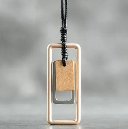 Long Necklace Metal & Wood Geometric Rect. Pendant on Black Leather Cord Rose Gold/Brown Wood