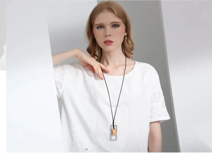 Long Necklace Metal & Wood Geometric Rect. Pendant on Black Leather Cord Silver/Brown Wood