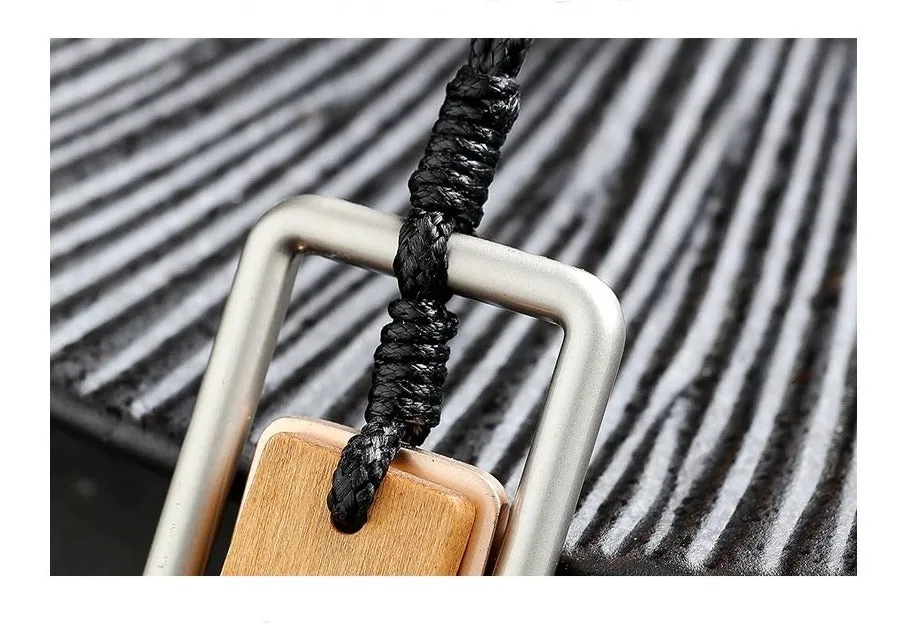 Long Necklace Metal & Wood Geometric Rect. Pendant on Black Leather Cord Silver/Brown Wood