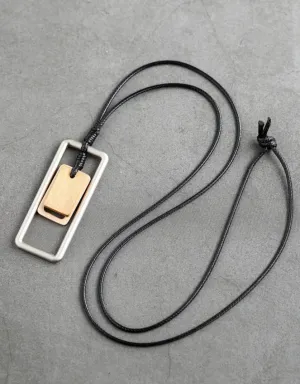 Long Necklace Metal & Wood Geometric Rect. Pendant on Black Leather Cord Silver/Brown Wood