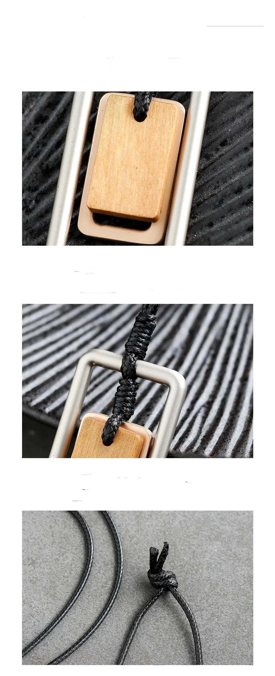 Long Necklace Metal & Wood Geometric Rect. Pendant on Black Leather Cord Silver/Brown Wood