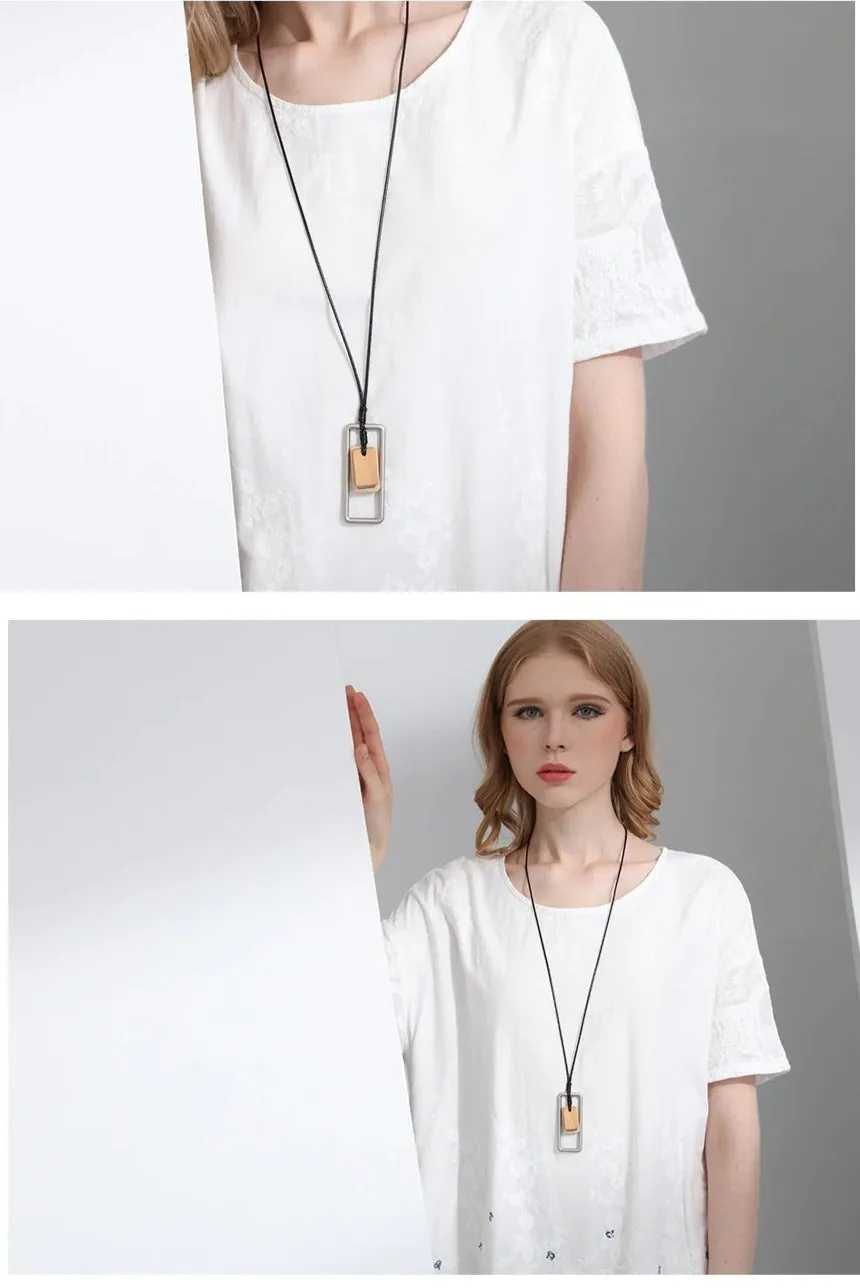 Long Necklace Metal & Wood Geometric Rect. Pendant on Black Leather Cord Silver/Brown Wood
