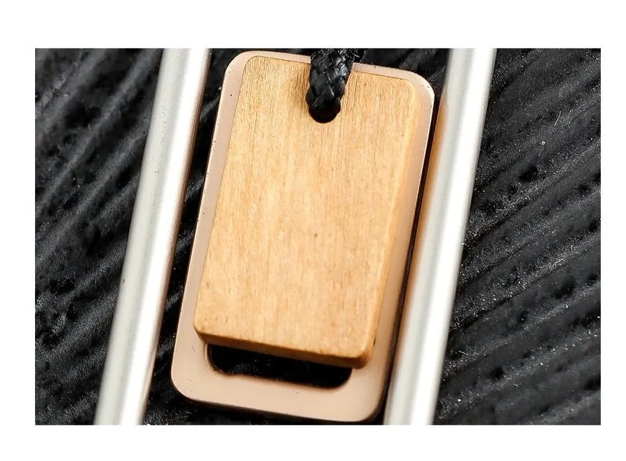 Long Necklace Metal & Wood Geometric Rect. Pendant on Black Leather Cord Silver/Brown Wood
