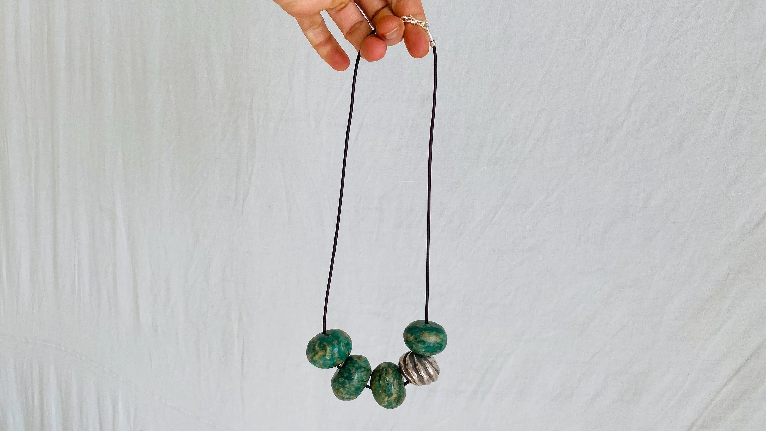 Mayan Greenstone & Silver Necklace. Jade. Sterling Silver. Guatemala.