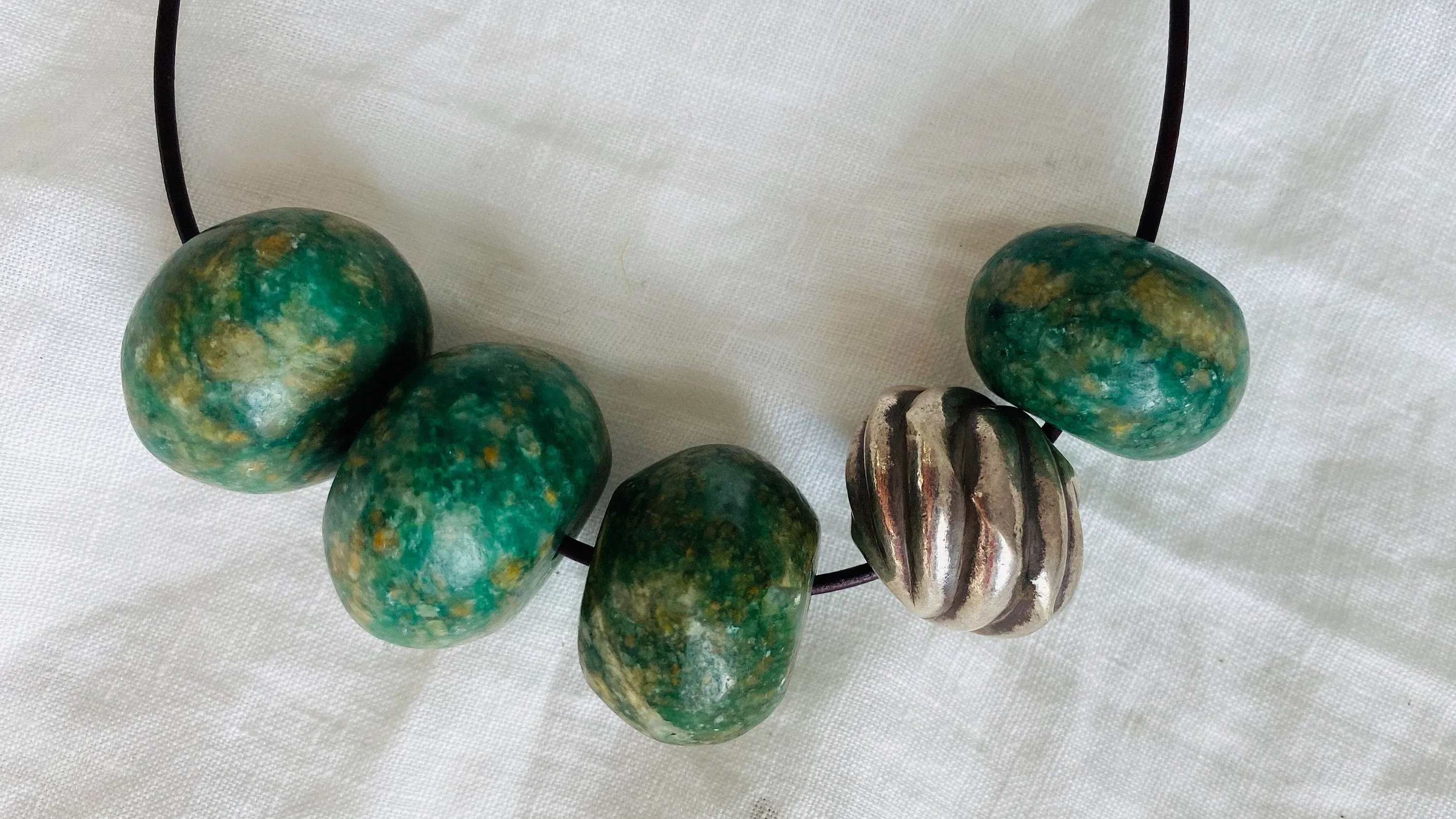Mayan Greenstone & Silver Necklace. Jade. Sterling Silver. Guatemala.