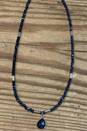 Semi Precious Navy Crystal Beaded Choker With Charm