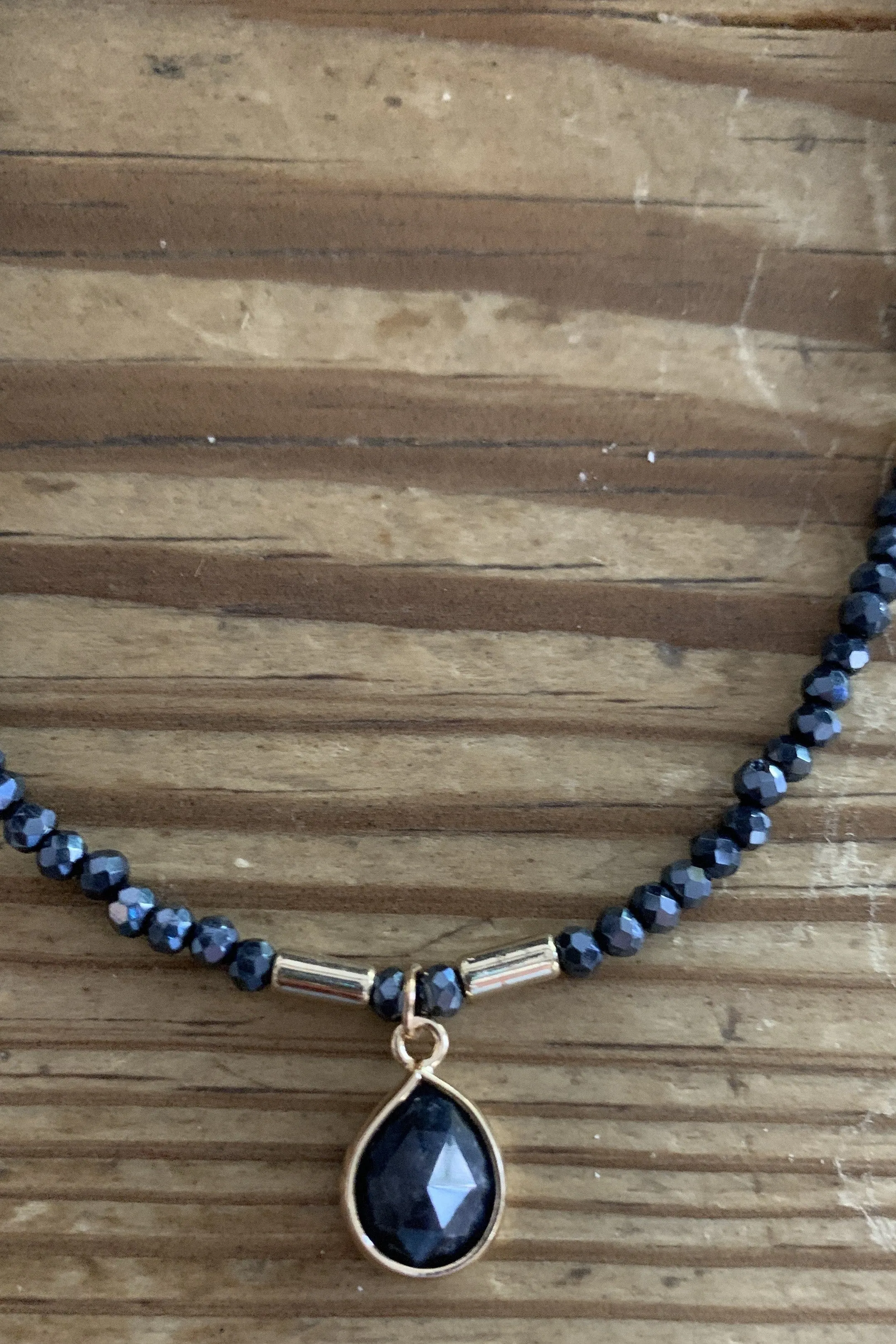 Semi Precious Navy Crystal Beaded Choker With Charm