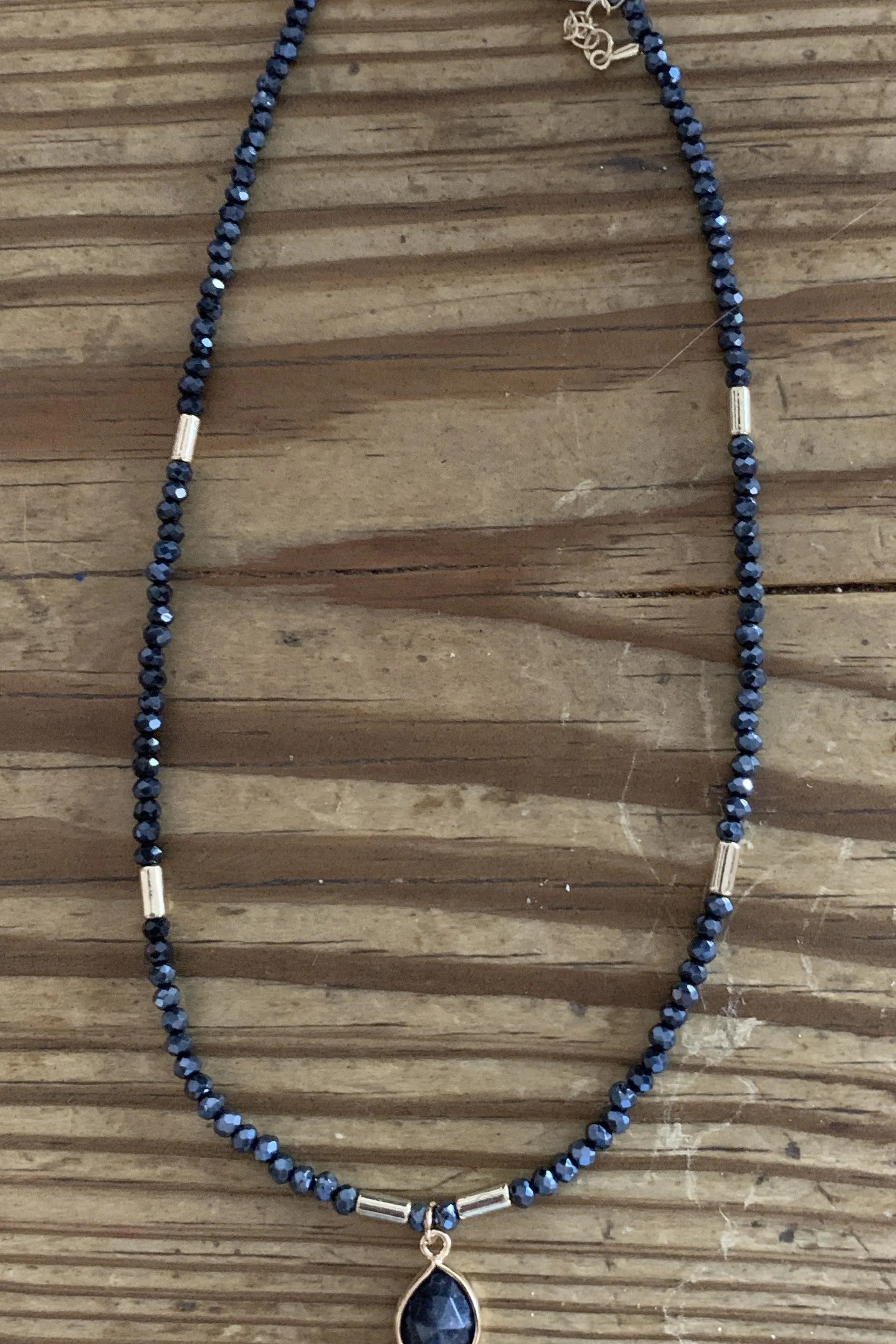 Semi Precious Navy Crystal Beaded Choker With Charm