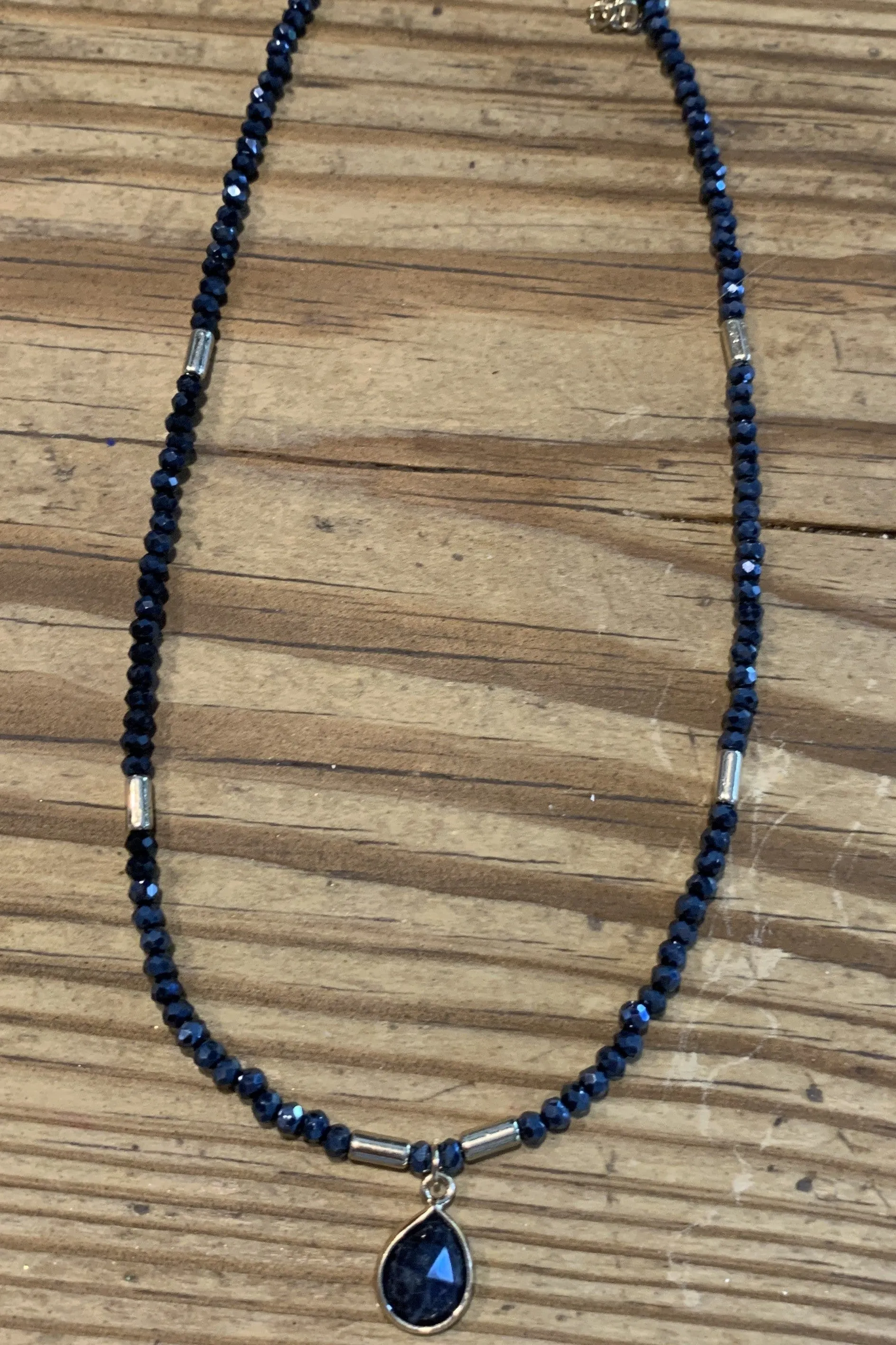 Semi Precious Navy Crystal Beaded Choker With Charm