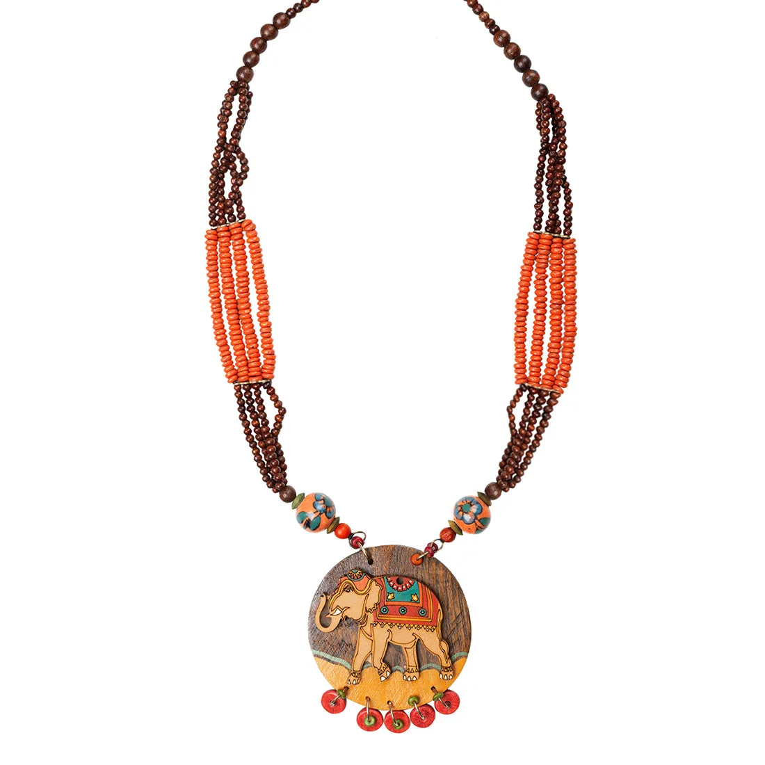 'Tribal Elephant' Hand-painted Bohemian Necklace (Teak Wood, Opera)