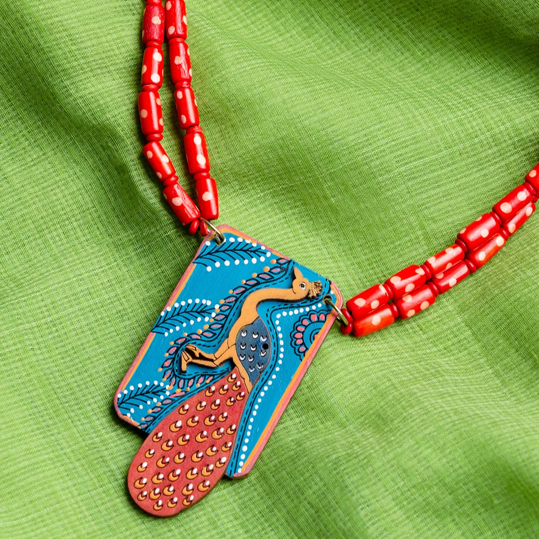 'Tribal Peacock' Hand-Painted Bohemian Necklace (Teak Wood, Matinee)
