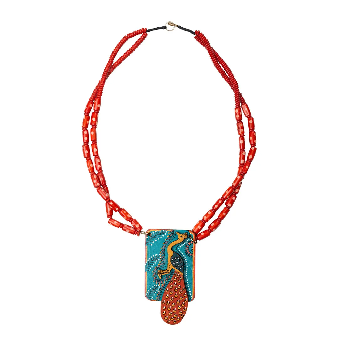 'Tribal Peacock' Hand-Painted Bohemian Necklace (Teak Wood, Matinee)