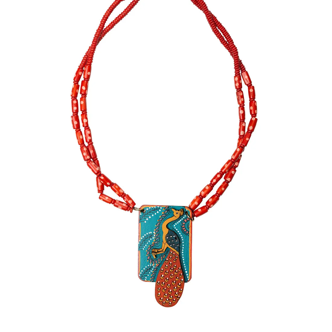 'Tribal Peacock' Hand-Painted Bohemian Necklace (Teak Wood, Matinee)