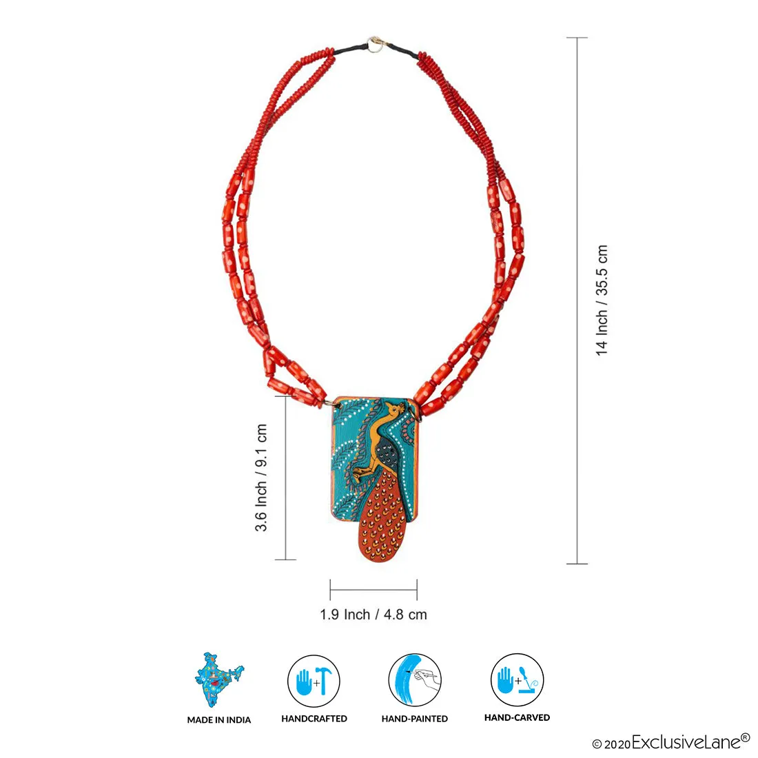 'Tribal Peacock' Hand-Painted Bohemian Necklace (Teak Wood, Matinee)