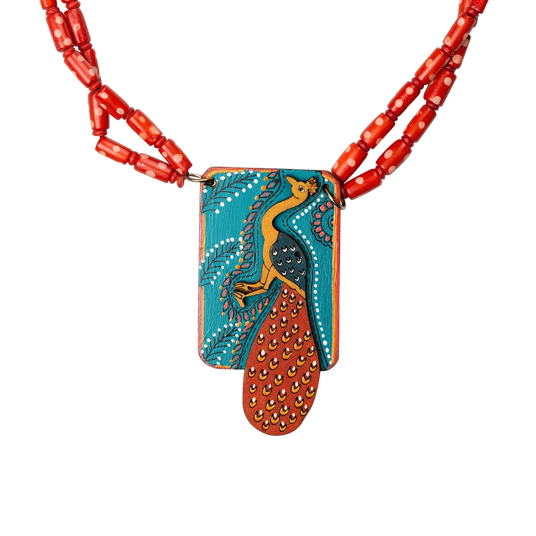 'Tribal Peacock' Hand-Painted Bohemian Necklace (Teak Wood, Matinee)