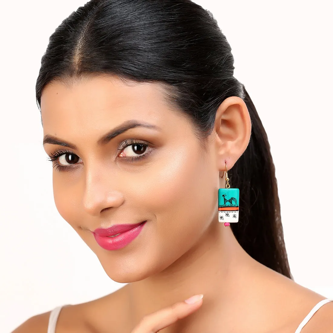 'Tribal Warli Rectangles' Bohemian Resin Earrings Hand-painted In Warli Art (Teal Green)
