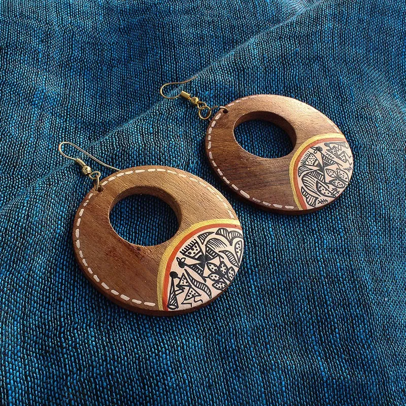 'Tribal Warli Rounds' Bohemian Earrings Hand-painted In Warli Art (Sheesham Wood)