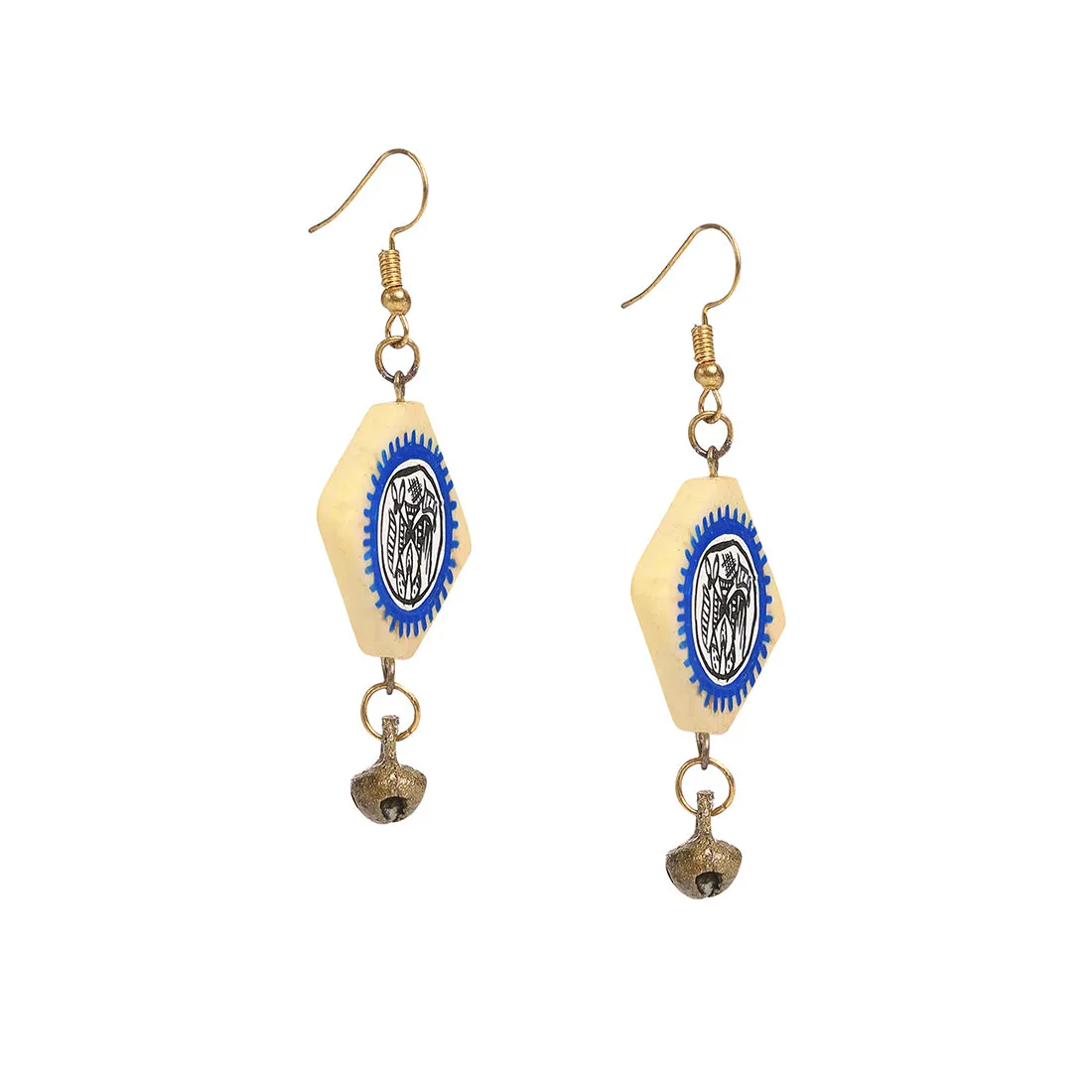 'Tribal Warli Squares' Bohemian Resin Earrings Hand-painted In Warli Art (Blue & Ivory)