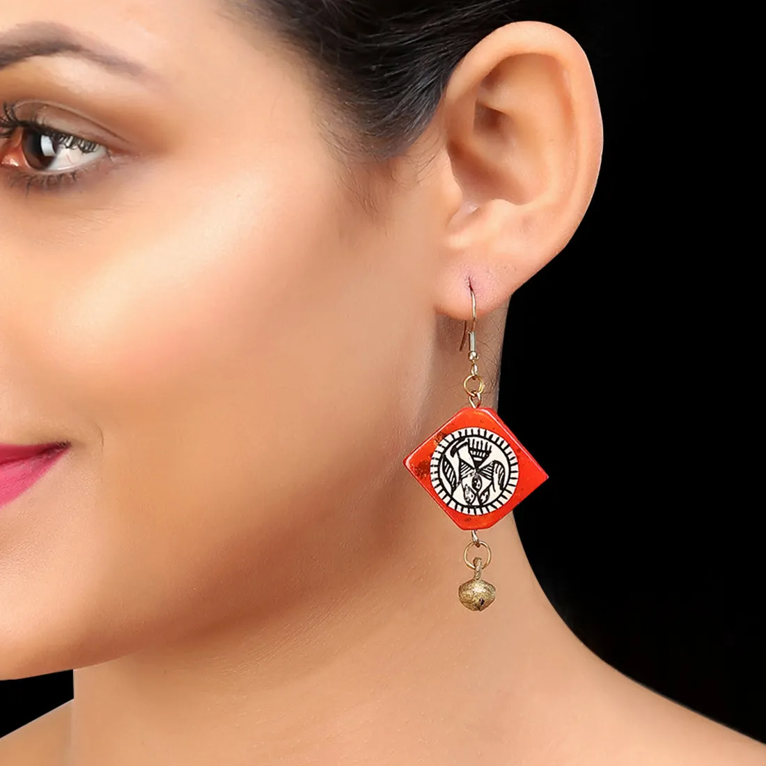 'Tribal Warli Squares' Bohemian Resin Earrings Hand-painted In Warli Art (Red)