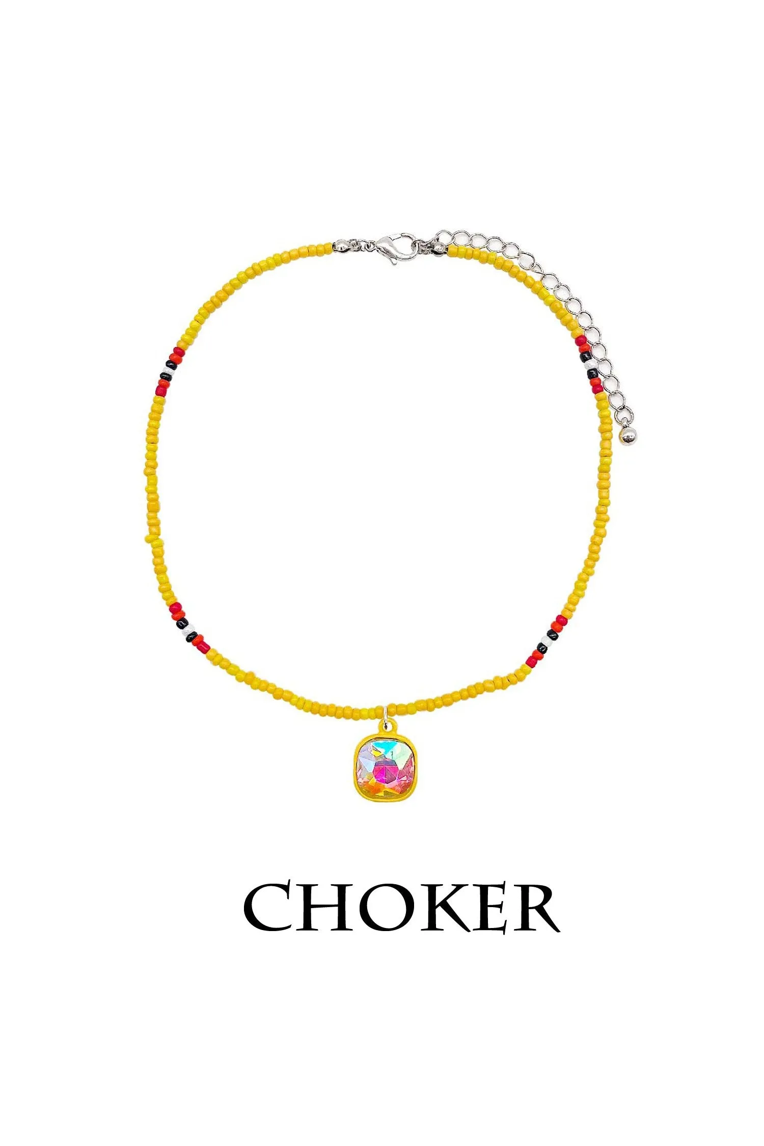Yellow Seed Bead Glass Stone Pendant Choker