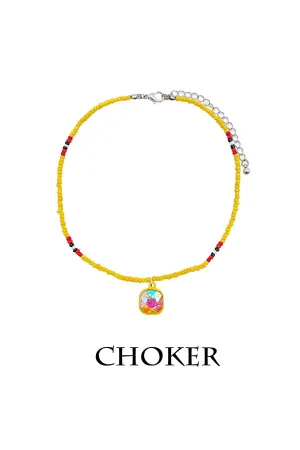 Yellow Seed Bead Glass Stone Pendant Choker